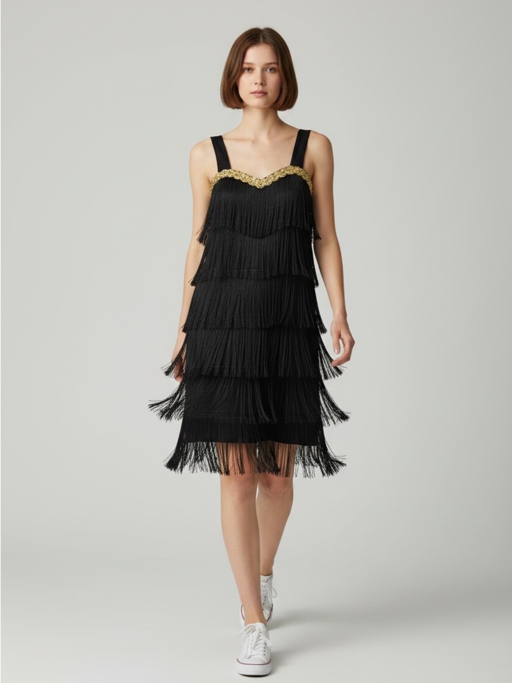 Dream Weaver Women's Black Fringe Flapper Gatsby Dress Halloween Costume Sz L